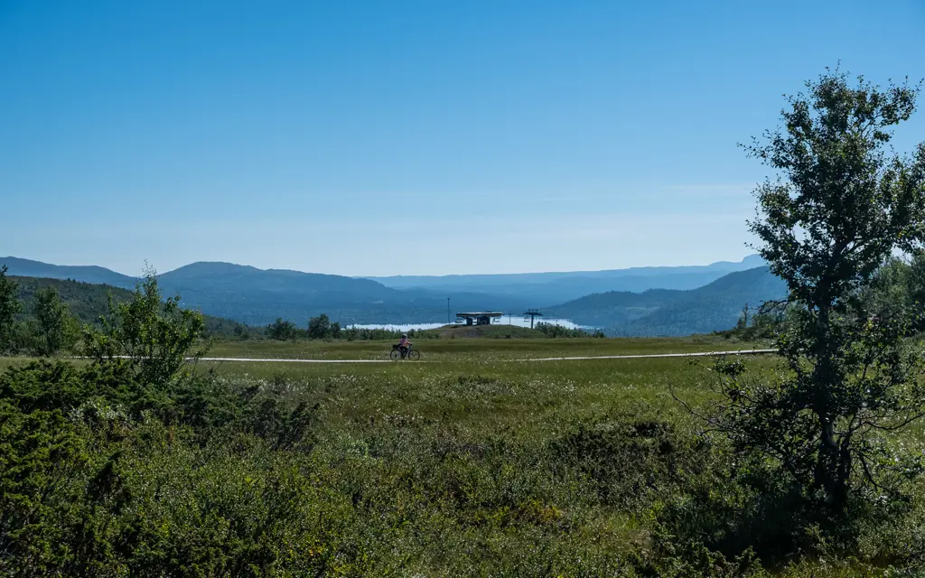 A summer landscape in the mountains in Beitostølen with a person on a bike