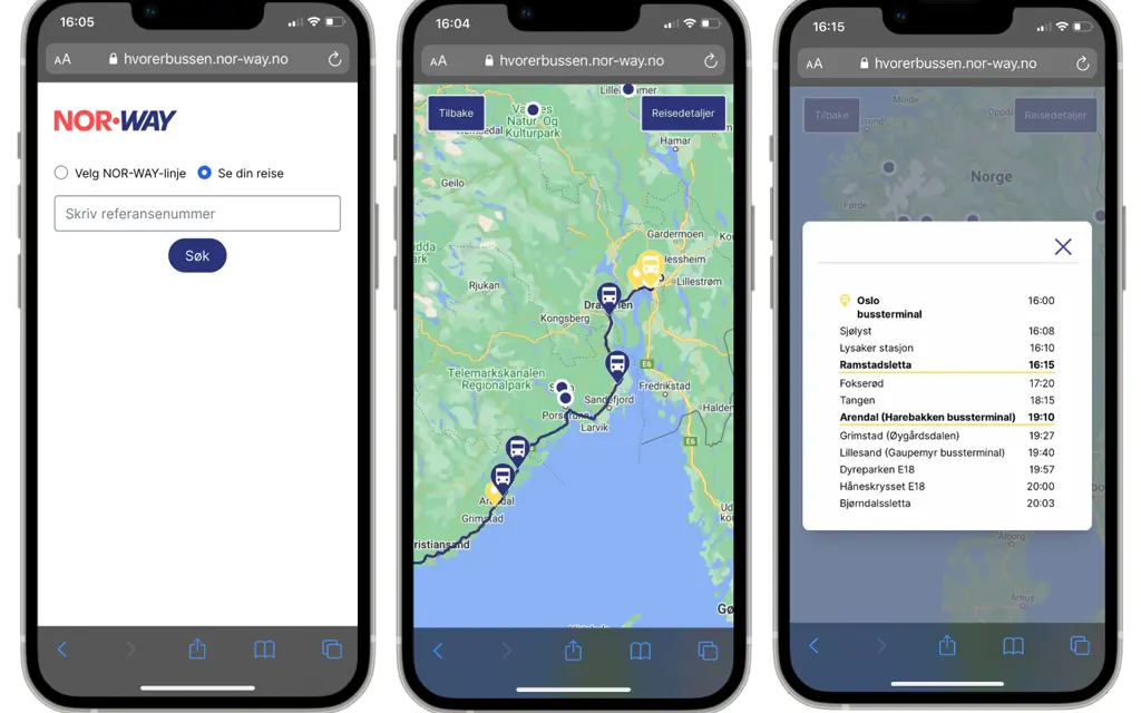 Mobilvisning av Hvor er bussen-tjenesten