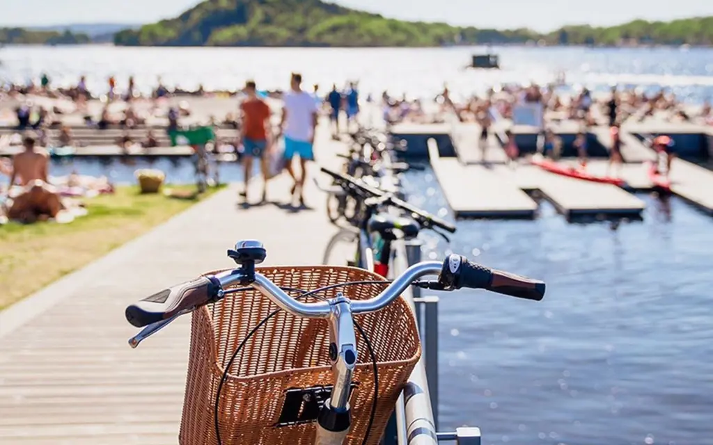 A bike parked by the bathing dock in the Oslo Fjord.