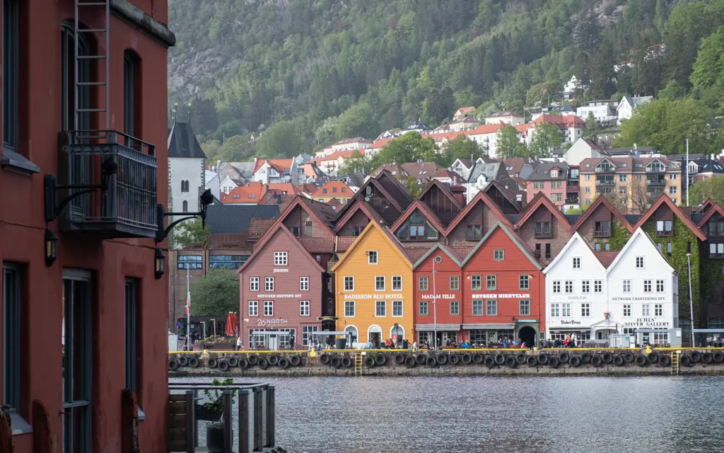 Wooden houses nead the sea near Bryggen (the pier) in Bergen