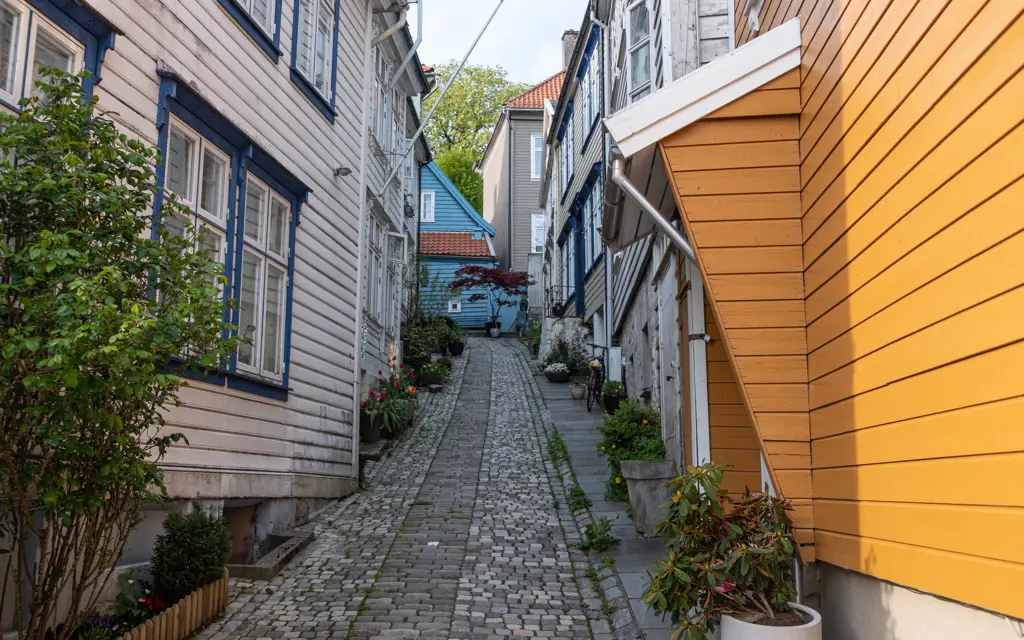 Smal brosteinsgate med fargerike hus i Bergen