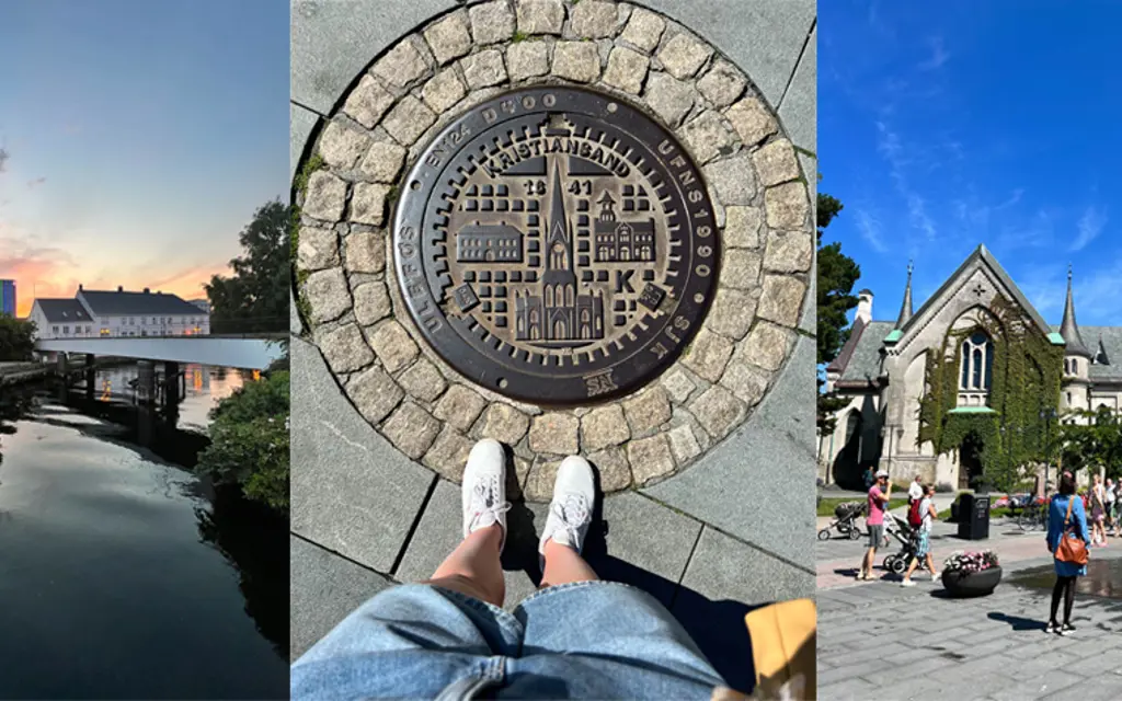 "Bryggen" and the Cathedral in Kristiansand, and a pair of feet on a manhole cover.